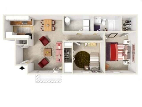 Floor plan for 2 beds, 1 bath, 910 sqft